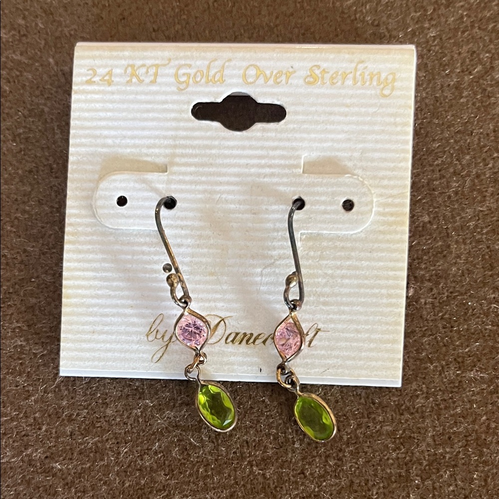 Elegant Gold Over Sterling Earrings with Pink and Green Stones